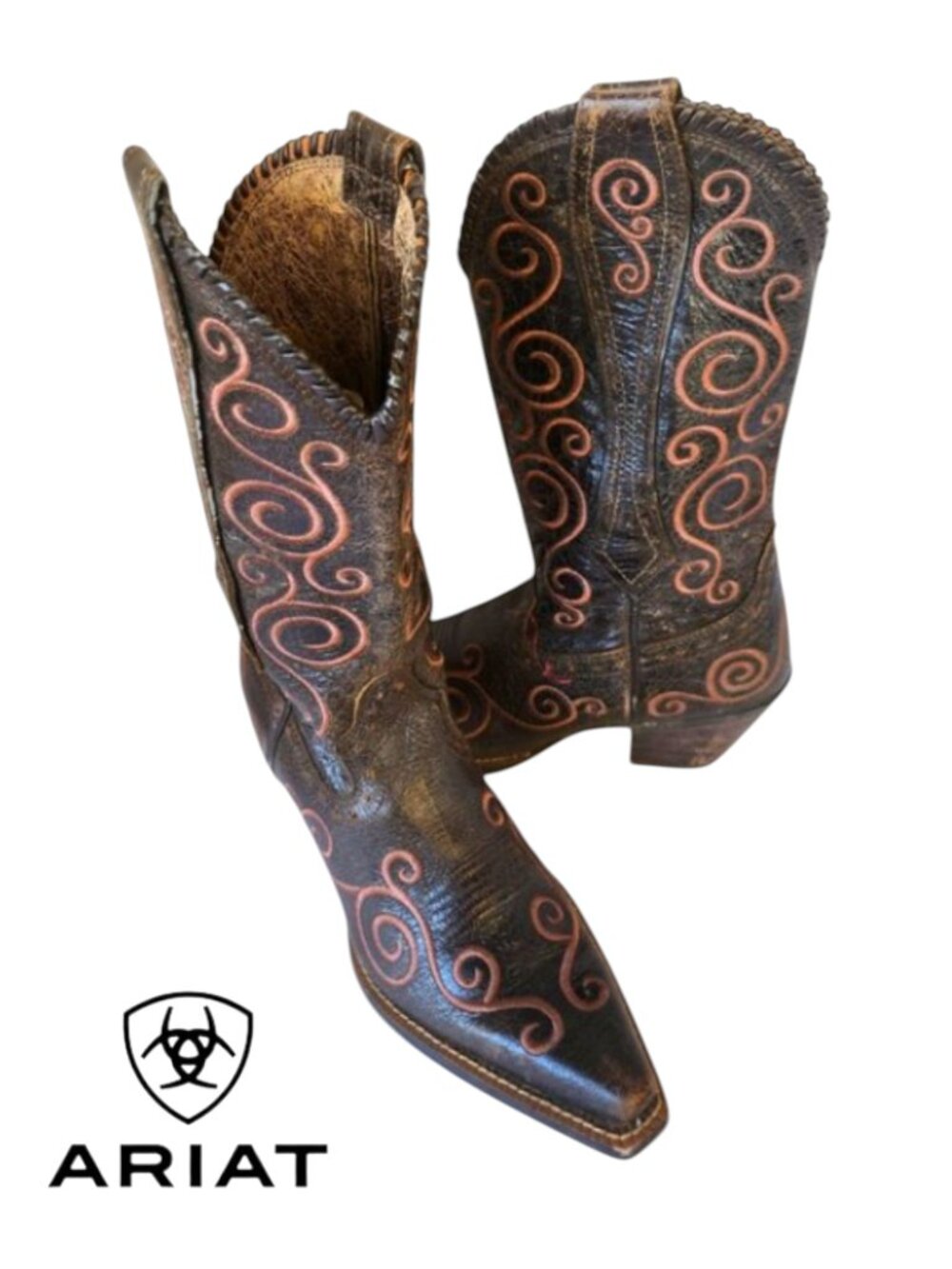 Ariat Shelleen Distressed Brown with Cream Embroidery Snip Toe Western Boots 7B